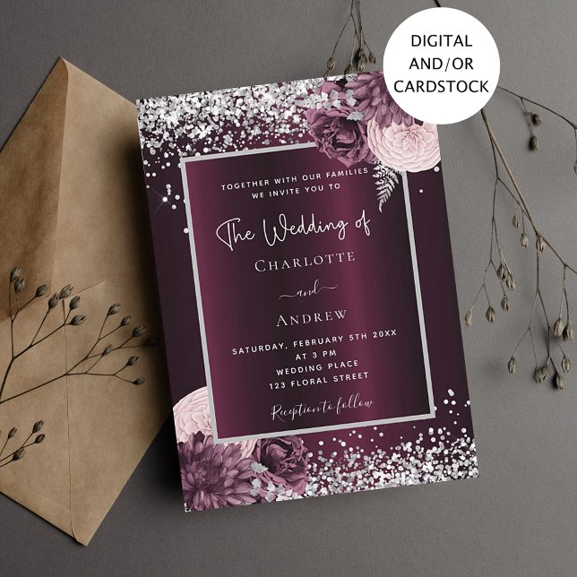 Invitación Boda floral elegante de plata de Borgoña (Subido por el creador)