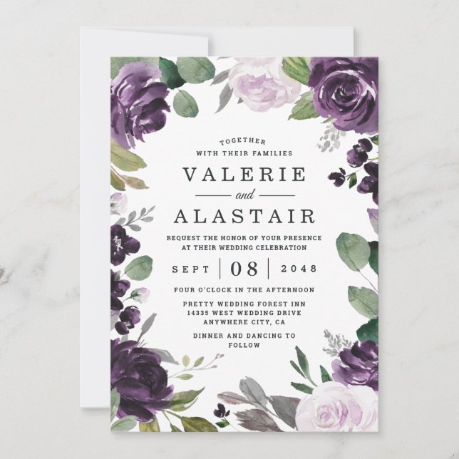 Invitación Boda floral elegante de púrpura y plata blanca (Anverso)