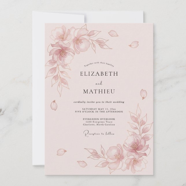 Invitación Boda floral elegante de rosa sonrojado (Anverso)