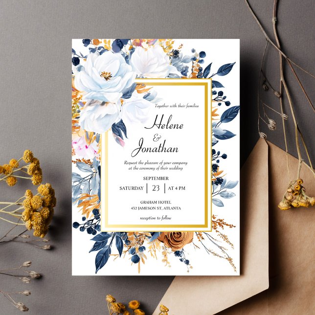 Invitación Boda Floral Elegante de Terracota Azul de la Marin (Navy Blue Rust Terracotta Floral Elegant Wedding Invitation)