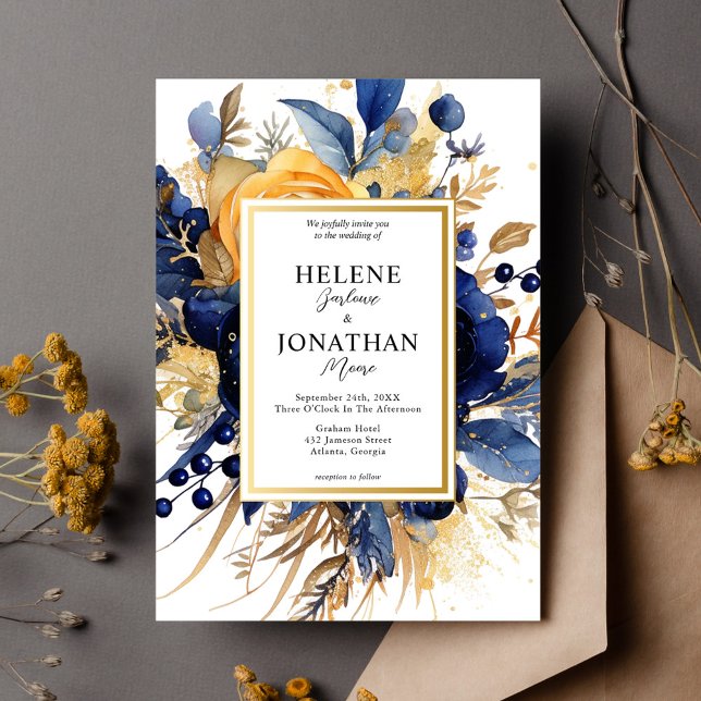Invitación Boda Floral Elegante de Terracota Dorada Azul Mari (Navy Blue Gold Terracotta Floral Elegant Wedding Invitation)