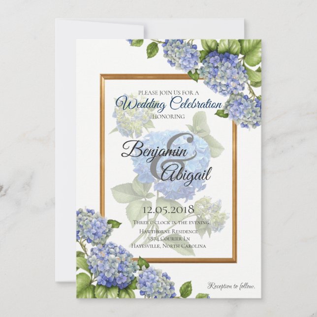Invitación Boda floral elegante del Hydrangea del oro azul (Anverso)