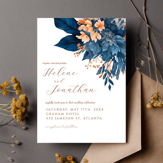 Invitación Boda floral elegante del Naranja de la Marina de R (Navy Blue Rust Orange Floral Elegant Wedding Invitation)