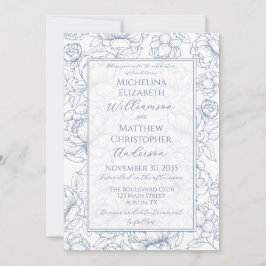 Invitación Boda floral elegante dibujada a mano azul pervinca