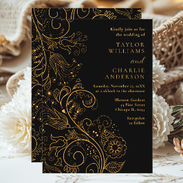 Invitación Boda floral elegante dorado y negro