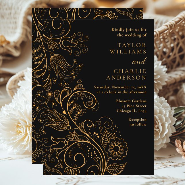 Invitación Boda floral elegante dorado y negro (Subido por el creador)
