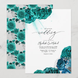Invitación Boda floral elegante en azul turquesa y plata
