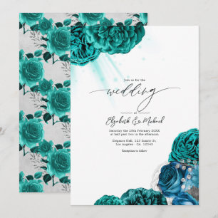 Invitación Boda floral elegante en azul turquesa y plata