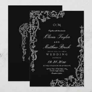 Invitación Boda floral elegante en negro y blanco francés