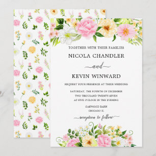 Invitación Boda floral elegante en rosa y amarillo