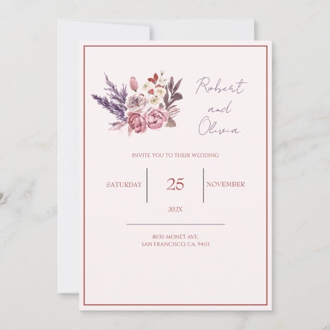 Invitación "Boda floral elegante en rosa y púrpura" (Anverso)