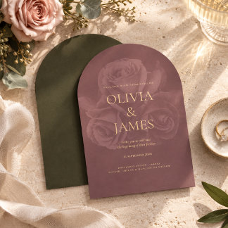 Invitación Boda floral elegante en verde oliva y malva