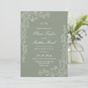Invitación Boda floral elegante francesa en verde salvia