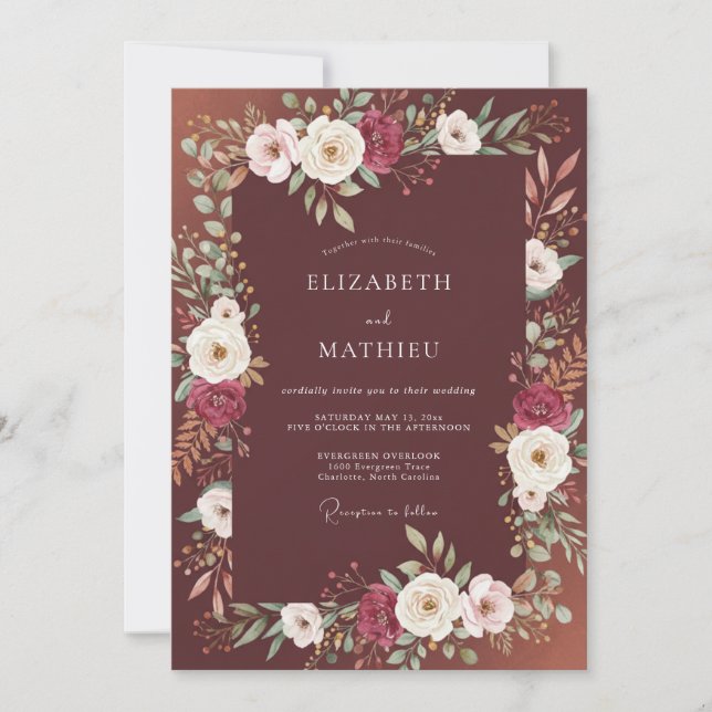 Invitación Boda floral elegante granate (Anverso)