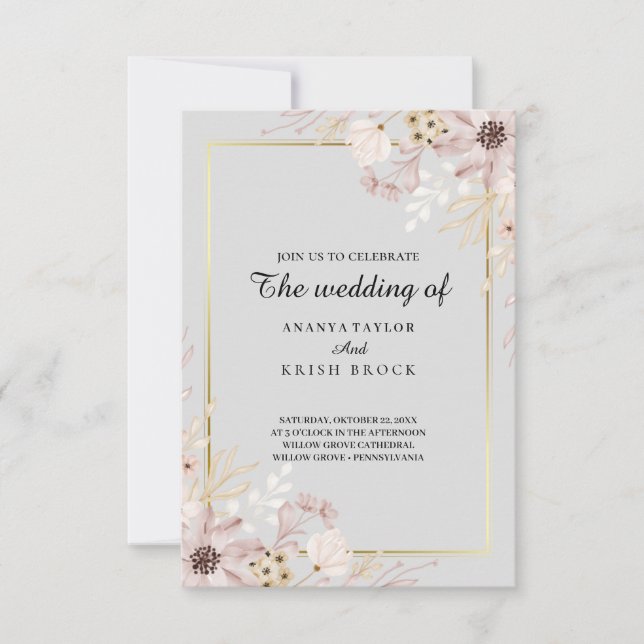Invitación Boda floral elegante gris claro (Anverso)