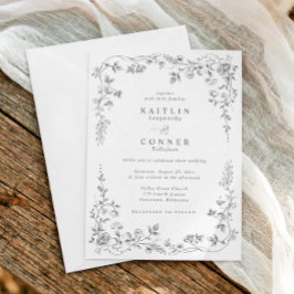 Invitación Boda Floral Elegante Gris Plateado Vintage Francés