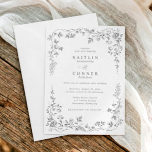 Invitación Boda Floral Elegante Gris Plateado Vintage Francés