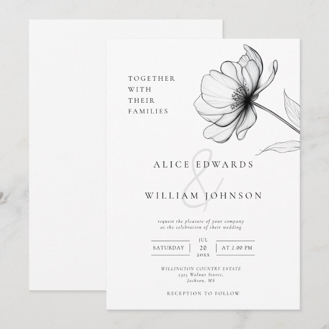 Invitación Boda floral elegante minimalista (Anverso / Reverso)