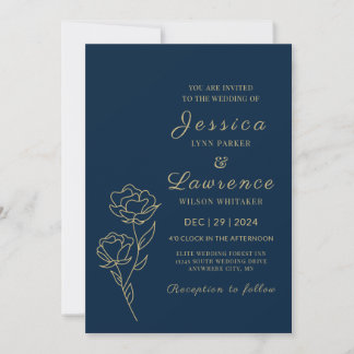 Invitación Boda floral elegante moderna azul marino y dorado