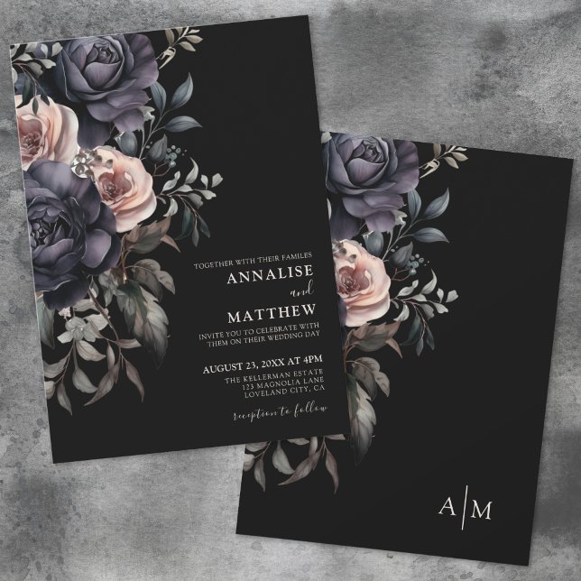 Invitación Boda floral elegante oscura (Dark Elegant Floral Wedding Invitation)