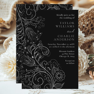 Invitación Boda floral elegante plateado y negro