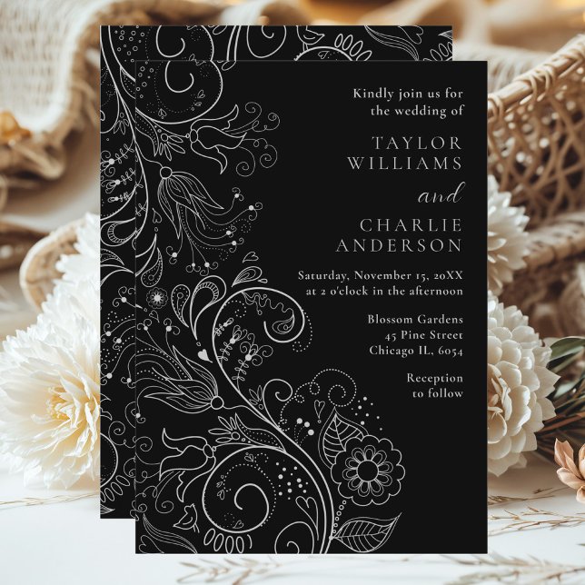 Invitación Boda floral elegante plateado y negro (Subido por el creador)