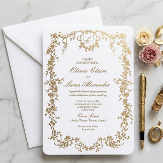 Invitación Boda floral elegante real en blanco y oro