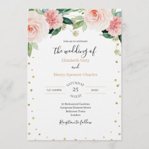 Invitación Boda floral elegante rosa dorado peonía