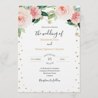 Invitación Boda floral elegante rosa dorado peonía 