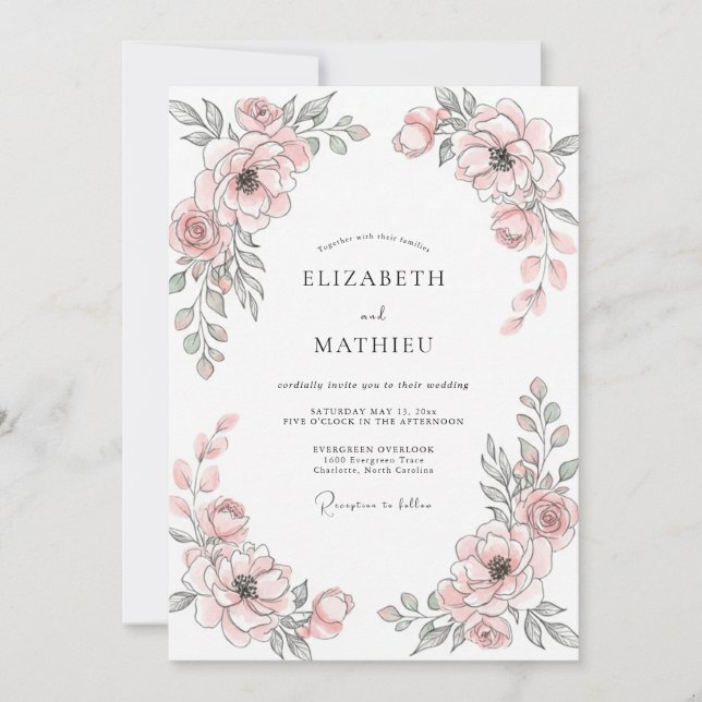 Invitación Boda floral elegante rosa rubor (Anverso)