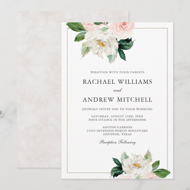 Invitación Boda floral elegante rosa y blanco de Rubor (Anverso / Reverso)