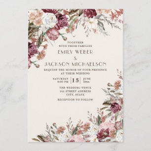 Invitación Boda floral elegante rústica en rosa y burdeos