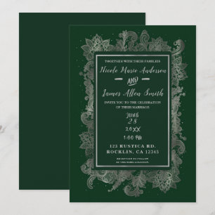 Invitación Boda floral elegante verde esmeralda oscuro y plat
