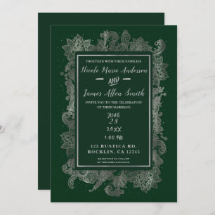 Invitación Boda floral elegante verde esmeralda oscuro y plat