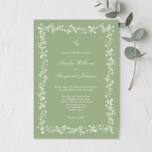 Invitación Boda floral elegante verde salvia