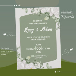 Invitación Boda floral elegante verde salvia blanca