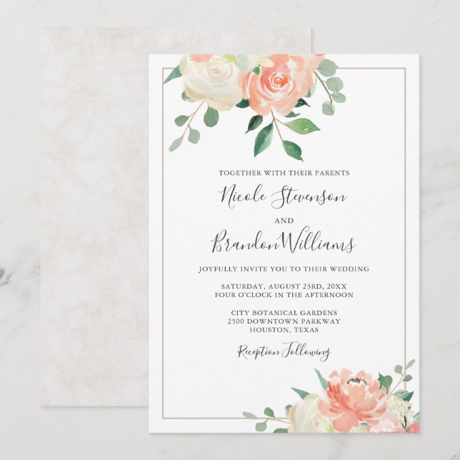 Invitación Boda floral elegante y anticuado (Anverso / Reverso)