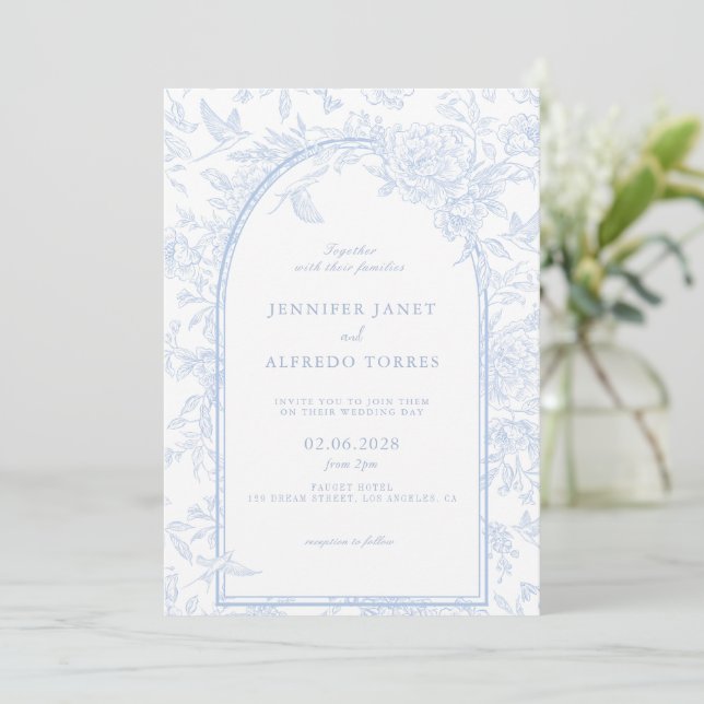 Invitación Boda floral elegante y azul claro (Anverso de pie)