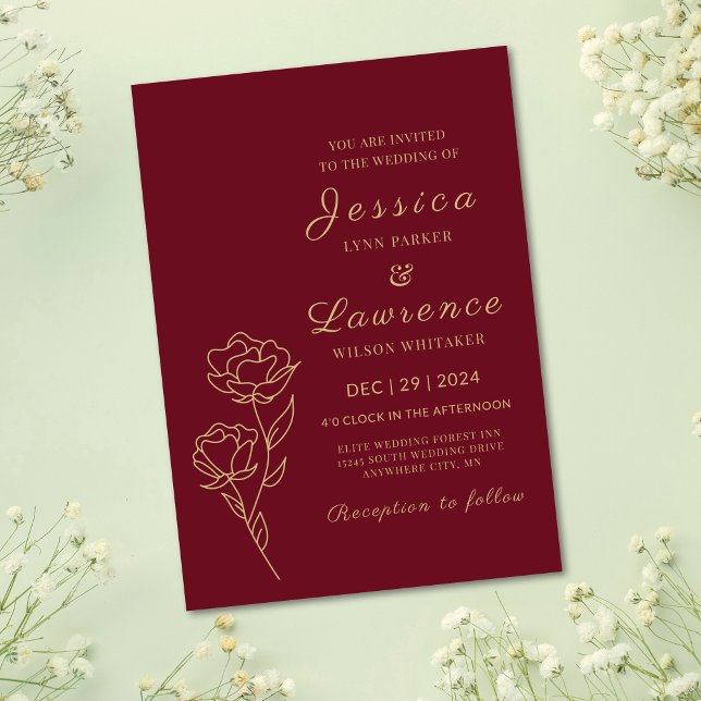 Invitación Boda floral elegante y elegante de oro (Modern Elegant chic Simple Minimalist Classic Burgundy and Gold Dark Red Floral Wedding Invitations)