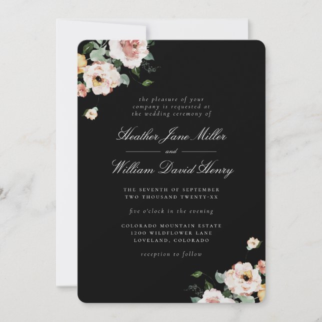 Invitación Boda floral elegante y negro (Anverso)