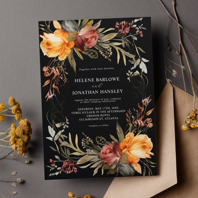 Invitación Boda floral elegante y negro (Black Elegant Floral Wedding Invitation)