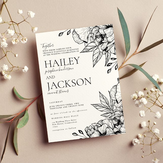 Invitación Boda floral elegante y romántico blanco negro (Black white elegant romantic floral wedding)