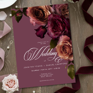 Invitación Boda floral elegante y suave de color óxido y burg