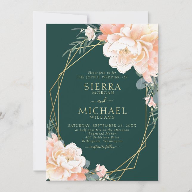 Invitación Boda floral Emerald Green Rubor Gold Peach (Anverso)
