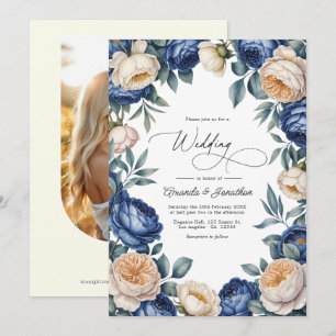Invitación Boda floral en acuarela azul francés y marfil