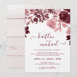 Invitación Boda floral en acuarela - Burdeos y rosa