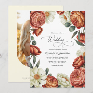 Invitación Boda floral en acuarela de terracota y crema