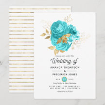Boda floral en azul acuático y dorado