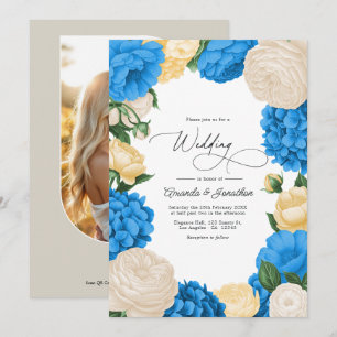 Invitación Boda floral en azul francés/crema y oro suave