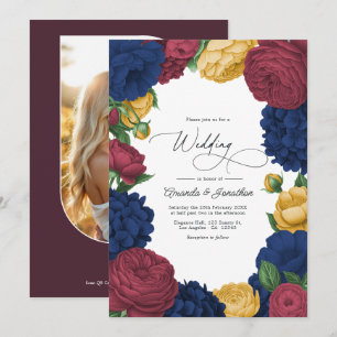 Invitación Boda floral en azul marino, burgundy y dorado